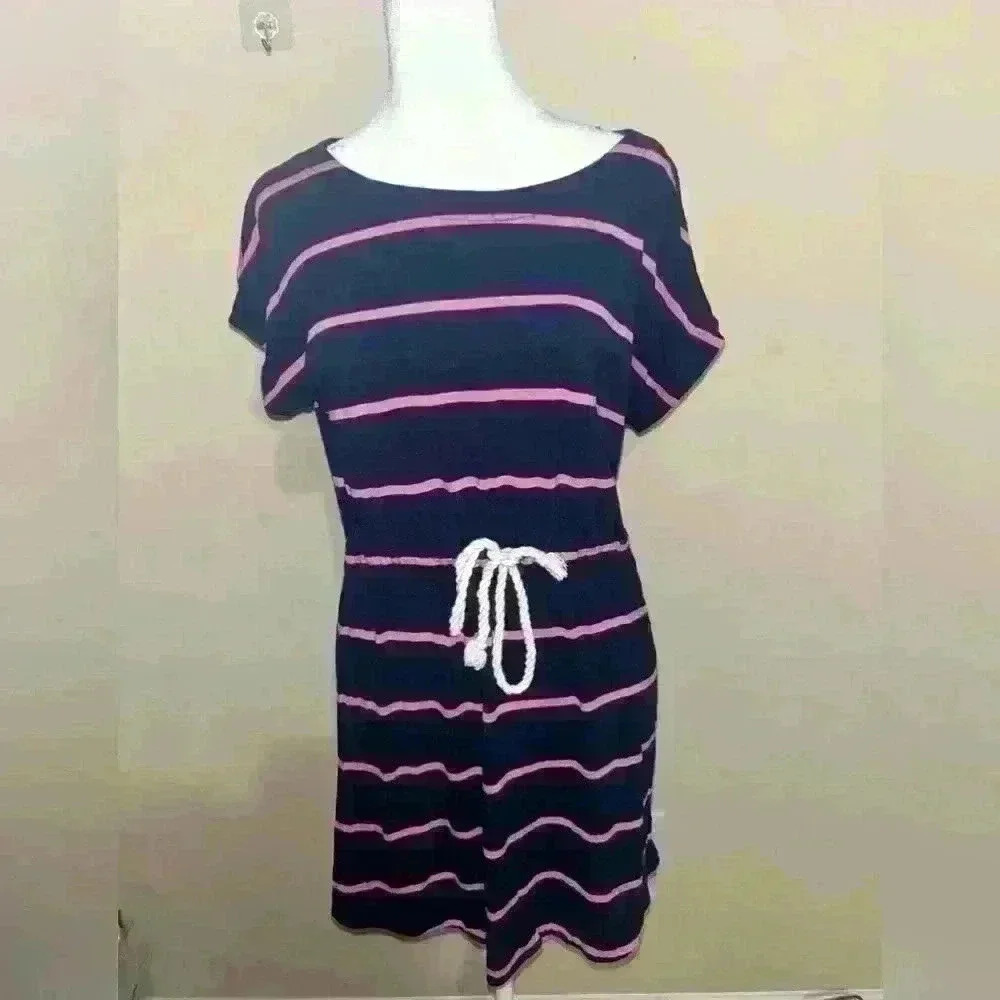 J.Crew Dress Short Sleeve Scoop Neck  Blue & Pink Stripe Drawstring Belt Size XS